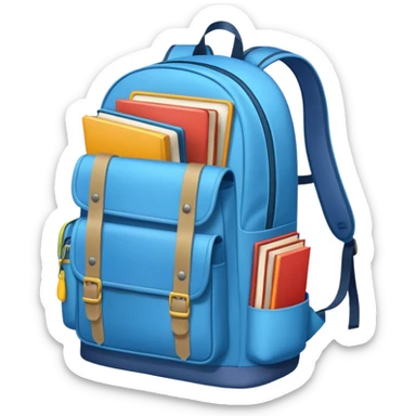 Open School backpack with a broken strap and books inside sticker