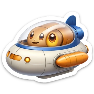 Design a simple, capsule-shaped spaceship with a smooth surface. Add a friendly 'face' on the front, using glowing lights for eyes and a curved line for a smile. Keep the design minimalistic and give it a playful personality. Use a plain background. sticker