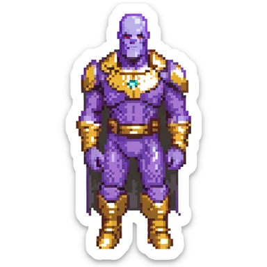 Thanos from Marvel, pixel art style, purple skin, gold armor, Infinity Gauntlet, simplified features sticker
