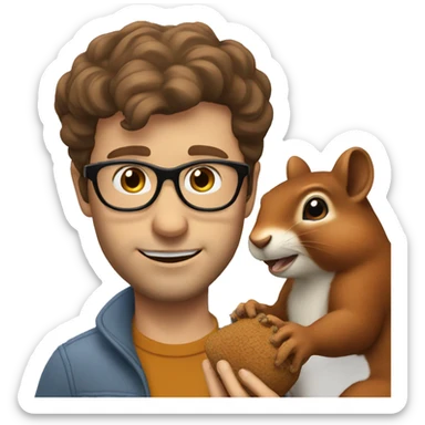 A man with brown hair, glasses and fair skin, feeds a squirrel sticker