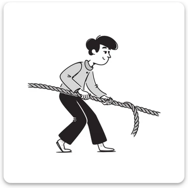 hand drawn doodle of a guy struggling to pull a rope, expressive pose, black lines, notion style, no color sticker