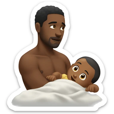 A black man laying next to a baby and there both sweating  sticker