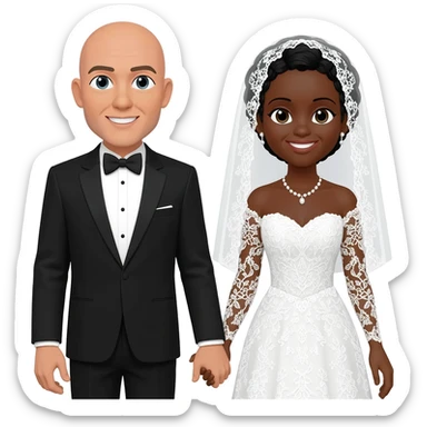Wedding emoji with black female and light skinned bald male wedding sticker