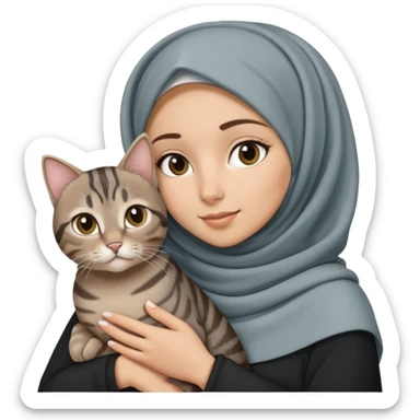 White girl wearing hijab holding a black grey tabby cat sticker