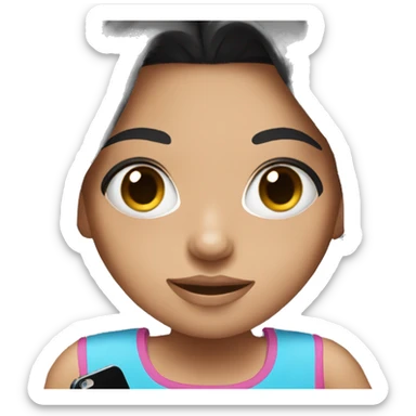 girl wearing a pink top holding a phone, with blue eyes and black hair sticker