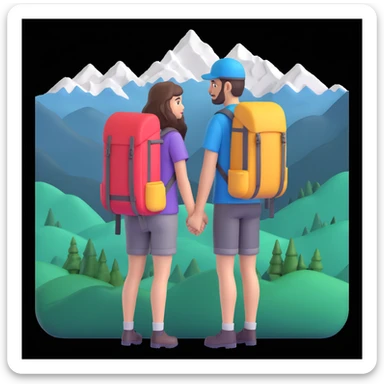 back packer couple posing, mountains in background,   close up pose sticker