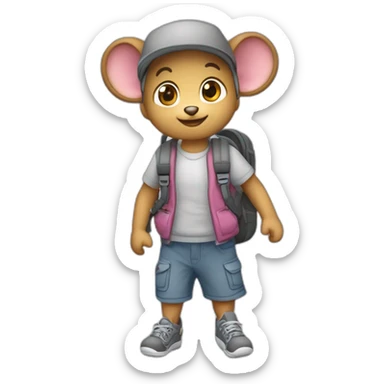 Raton estilo animado, de color gris, paras y brazos largos, nariz rosada pequeña y abdomen blanco, caracterizado como un estudianre preescolar, con mochila y tomado de la mano de su mamá  sticker