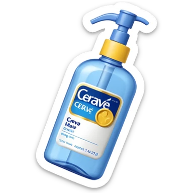 White CeraVe bottle with blue label and yellow “AM” badge, topped with a pump. Surrounded by protecting radiant sun sparkles, soft UV-deflecting light rings, and a blue protective glow. Feels like a daytime skin shield potion in a sleek, glossy bottle. sticker