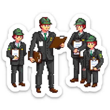 Boss employer with clipboard supervising workers sticker