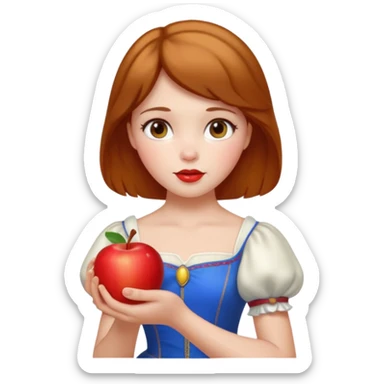 Create an emoji of Snow White holding a red apple, with short golden-brown hair. sticker