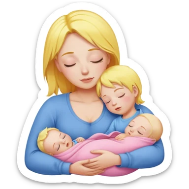 Mother is holding a baby, the mother has yellow hair and pink clothes, the baby is sleeping in blue clothes sticker
