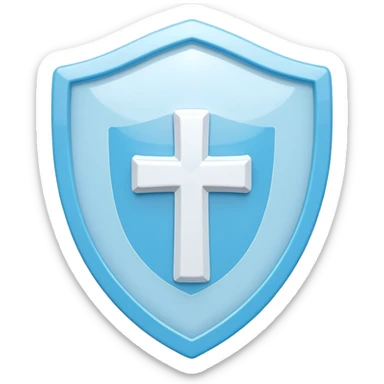 A cute 3D render icon of a protective shield. Rounded edges, plump, glossy plastic material. Sky blue and white color palette. A subtle, soft white cross or heart symbol embossed in the center. Clean studio lighting, soft shadows. Isolated on a light pastel background. Minimalist design. sticker