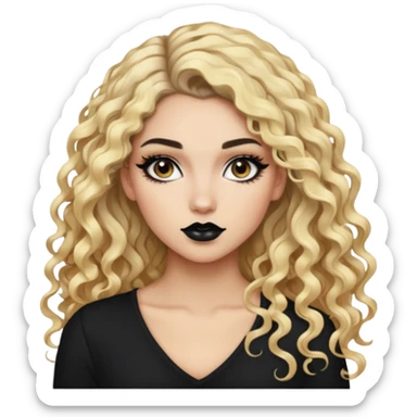 split dye leftside blonde rightside black-brown hair, baddie, pretty makeup, black eyeliner, long and curly hair sticker