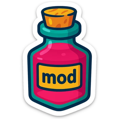elixir bottle with a label showing the text 'mod', playful, cartoon style sticker