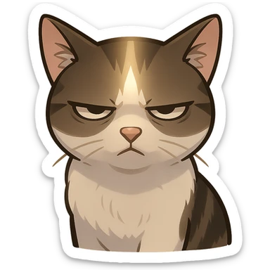 A cat with an impatient expression, frowning and squinting eyes. The light from above is shining vertically, and the face is in the shadow, making the cat's face more serious. sticker