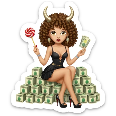 seductress evil brown curly haired sexy drug lord woman with clear glittery platform heels on her feet and horns on her head, holding a stack of cash and a lollipop in her mouth sticker