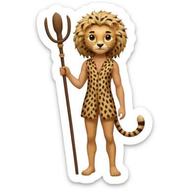 Give me a human who has hunch back and wearing cheetah print lot of hair on his body show full body and has a stick in his hand sticker