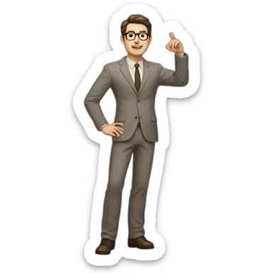 Full height Actively gesturing with hands Pale skinned fit man with dark brown hair in gray jacket, beige office shirt, brown tie, brown pants and vintage glasses. sticker