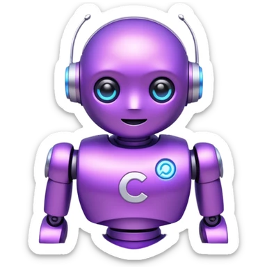 Cute mini robot character, purple body, white C symbol on the chest, soft neon glow, simple face with two bright blue eyes sticker