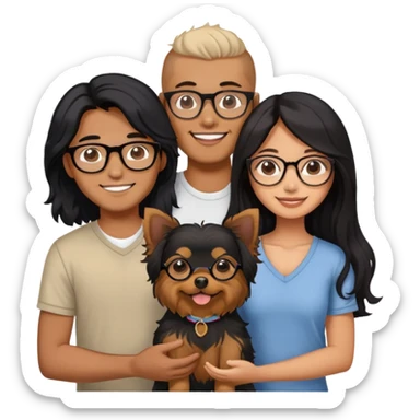 “An Asian girl with long, wavy black hair (loose, no hair tie) next to her smiling boyfriend—a brown-skinned man with a MIDDLE PART HAIr and glasses. Together, they’re holding a small Yorkshire Terrier sticker