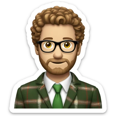Light white man, brown short curly hair, brown beard, black framed glasses, green eyes, brown plaid blazer, white shirt, red tie sticker