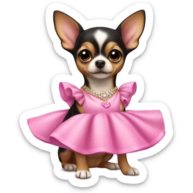 black & tan chihuahua puppy wearing a pink princess dress sticker
