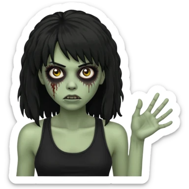 a female zombie with sage green skin, black long afro afro hair with bangs, and a black tank top  sticker