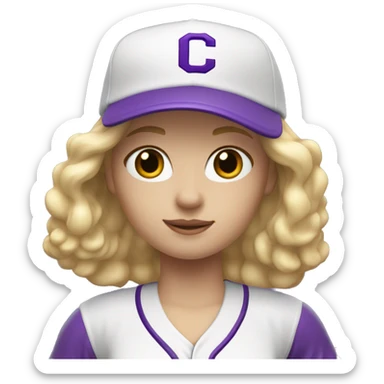 baseball card character. Blonde female long shoulder length hair. letter C logo. white and purple uniform. sticker