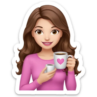 girl with long wavy brown hair, brown eyes, long lashes, pink lips, light to medium complexion, pink sexy top, with a coffee mug sticker