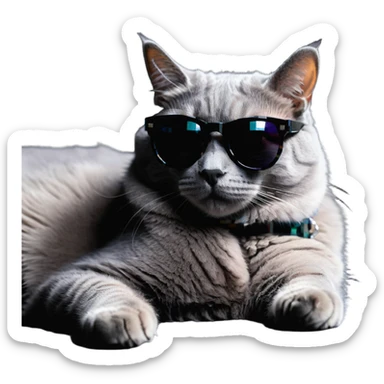 grey cat with oversized sunglasses, lying down sticker