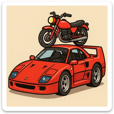 A cartoonish F40 car with a red motorcycle on the roof, playful and bold. sticker