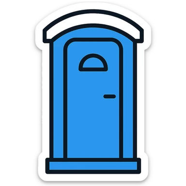 simple and recognizable portable toilet (portaloo) icon, blue plastic with white roof, front door visible sticker