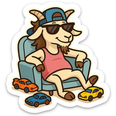 goat for Telegram stickers inspired by reference https://attic.sh/feoducyurkpqwz0la088soao98sx: wearing a cap, glasses, mullet hairstyle, pink drunkard tank top, sitting on a chair, with hot wheels cars sticker