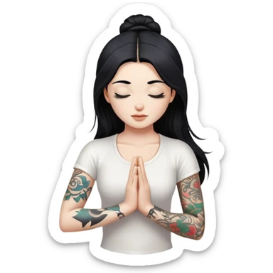 Yoga girl on a mat with white skin, long black hair and eyes closed, with just left arm tattooed and right arm NOT ttatooed, wearing white clothes sticker