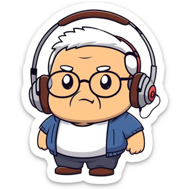 Very chubby brown old man with medium white hair, wearing glasses and headphones, looking surprised and angry, no facial hair, round full cheeks, double chin, looking to the upper left corner sticker