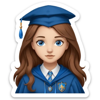gorgeous Girl with light skin, blue eyes, long brown hair, wears a ravenclaw outfit sticker