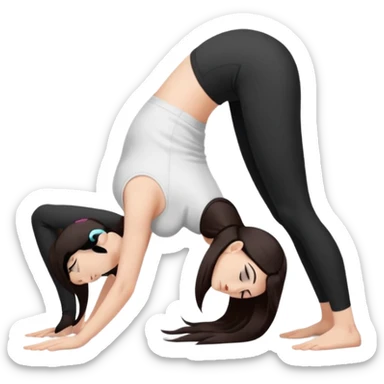 Девушка белокожая в позе собака мордой вниз, с длинными темными волосами, в белом топе, в черных лосинах, с черными ресницами sticker