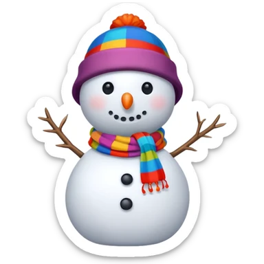 A snowman wearing a colorful scarf and a tiny bucket hat. sticker