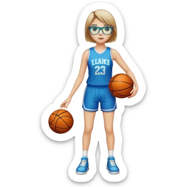 Full Body white Girl with basketball real short brown hair with blond highlights wearing blue glasses with green eyes sticker