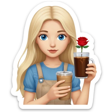 Turkish beautiful finish Konya girl long blonde hair and blue eyes with beige denim dress and had on her hand Rose Cold brew coffee   sticker