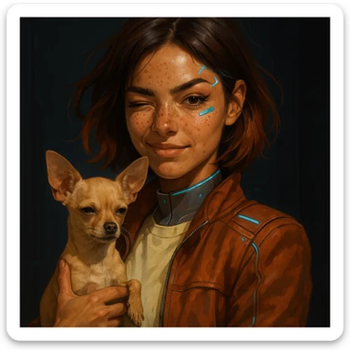 Futuristic portrait of a rebellious and playful woman with tanned skin and freckles, wearing a light shirt (#FFF8CA) and rust jacket, mid-length brown auburn hair, holding a beige-brown chihuahua, dark background. sticker