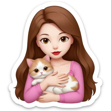 Beautiful Girl Long Hair coffe, Brows Big , Skin White, bra Pale Pink , Big Red Lips, EyesCoffe , Big hug Little baby Persa Cream Cat With Cute Eyes sticker
