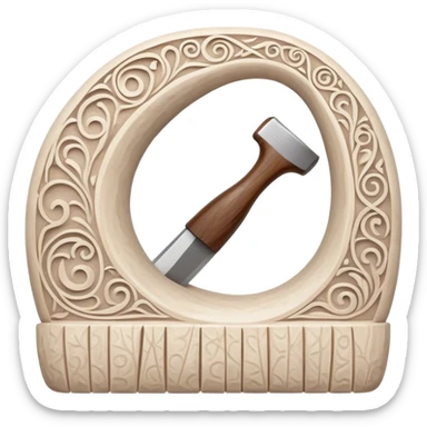 Scandinavian carving icon, whale bone with intricate Norse patterns, chisels and carving tools, minimalistic style, clean lines, transparent background. sticker