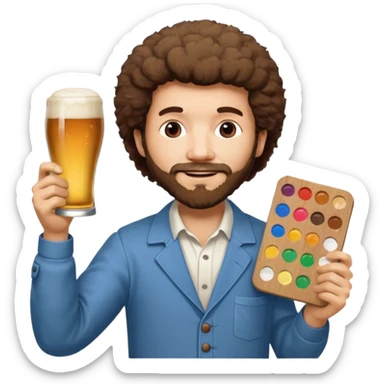 BOB ROSS HOLDING A PAINT PALETTE WITH A SIGN THAT SAYS CONGRATULATIONS AND HAS A BEER ON IT sticker