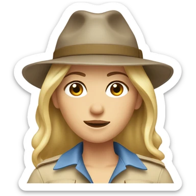 Blonde female with shoulder length hair and grey-blue eyes and brown eyebrows in a safari outfit with hat sticker
