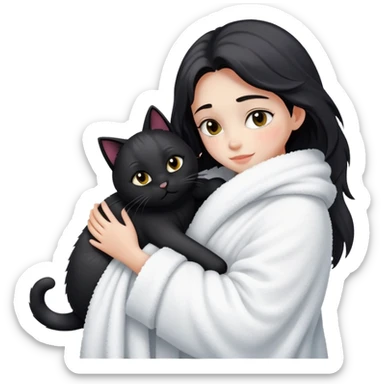 A fair-skinned girl, who has just taken a shower, is wrapped in a blanket and hugging a black cat sticker