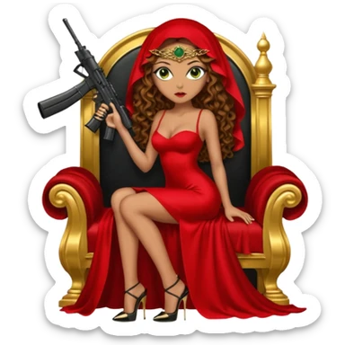 Drug dealer female green eyes symbol.  hair is brown curly long hair. sexy long with long red and black dress and face veil on that covers her mouth only. black stiletto platform high heels shoes on. Holding sniper rifle sitting on a gold throne. sticker