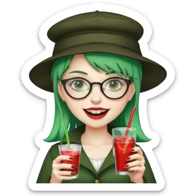 vampire green hair Drink holders with hat, wearing glasses, female,,teeth looks like vampire sticker