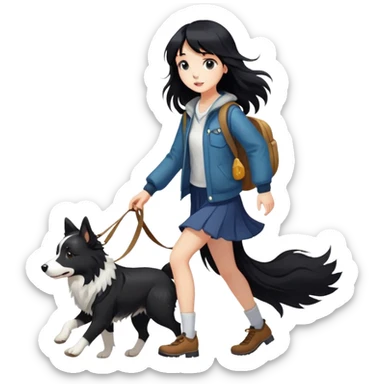 A girl with long black hair and bangs walking with a meteorite Border Collie sticker