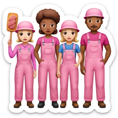 group of artists wearing pink overalls protesting for spam meat art sticker